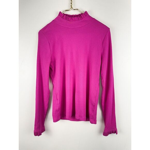 J Crew Factory Sweater Womens M Hot Pink Ruffle Neck Long Sleeve - Picture 1 of 7